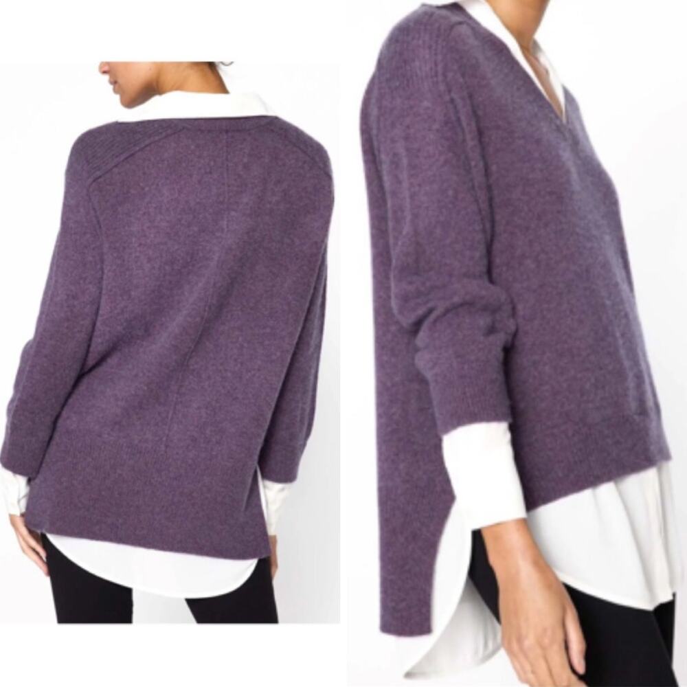 BROCHU WALKER SWEATER XS THE LOOKER CASHMERE LAYERED V-NECK SHIRT VIOLET PURPLE